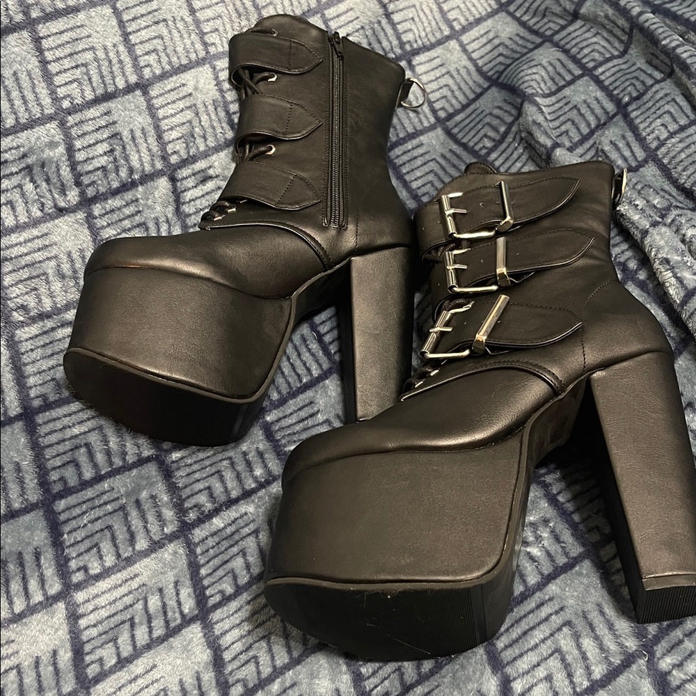 Demonia Black Buckle Platform Boots - Picture 16 of 16